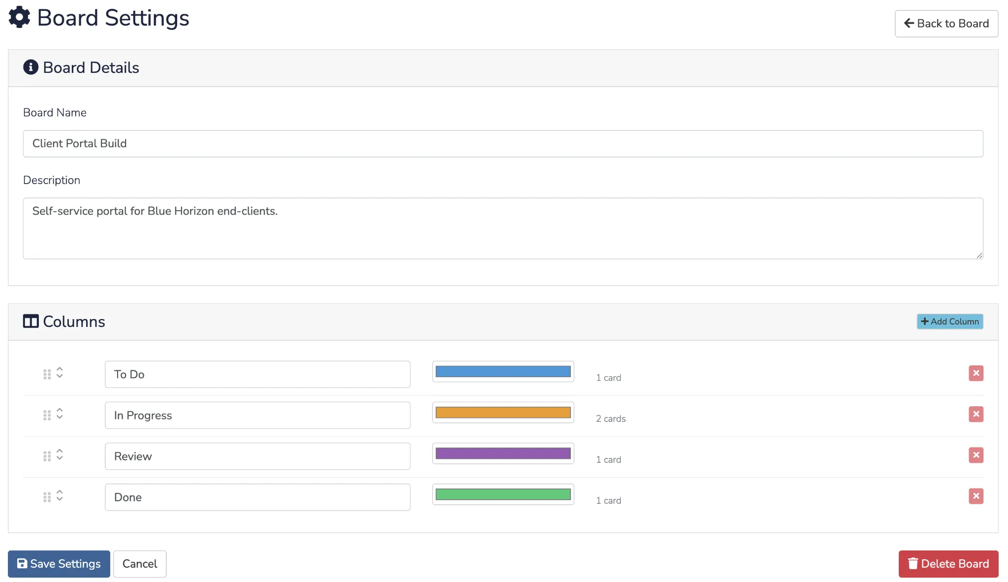 Kanban Board Settings